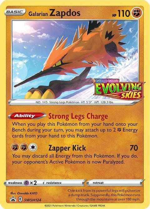 Galarian Zapdos Pokémon Sword & Shield Black Star Promo card SWSH124 from Prerelease event, featuring artwork of Galarian Zapdos.