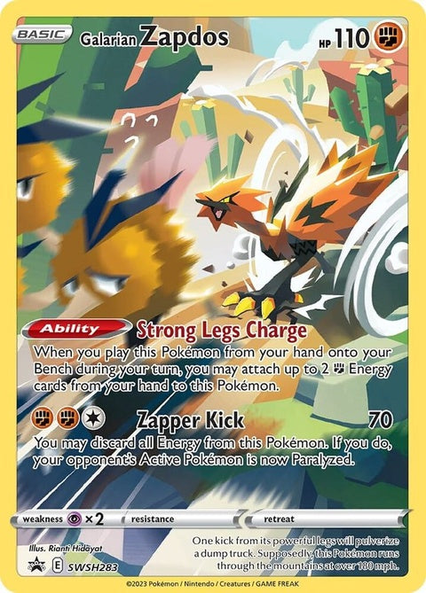 Pokémon Sword & Shield Black Star Promo Galarian Zapdos card, featuring detailed illustration of the Galarian Zapdos Pokémon.