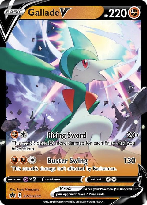 Pokémon Gallade V Sword & Shield Black Star Promo card from SWSH258, featuring a detailed illustration of Gallade in a dynamic pose.