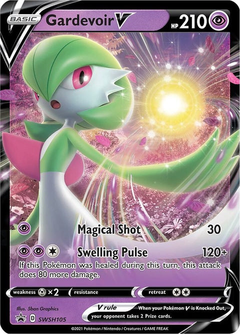 Pokémon Sword & Shield Black Star Promo Gardevoir V card, featuring artwork of Gardevoir in a dynamic pose.