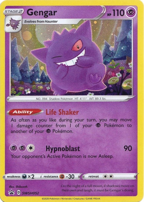 Pokémon Sword & Shield Black Star Promo card featuring Gengar, a collectible Pokémon trading card with vibrant artwork.