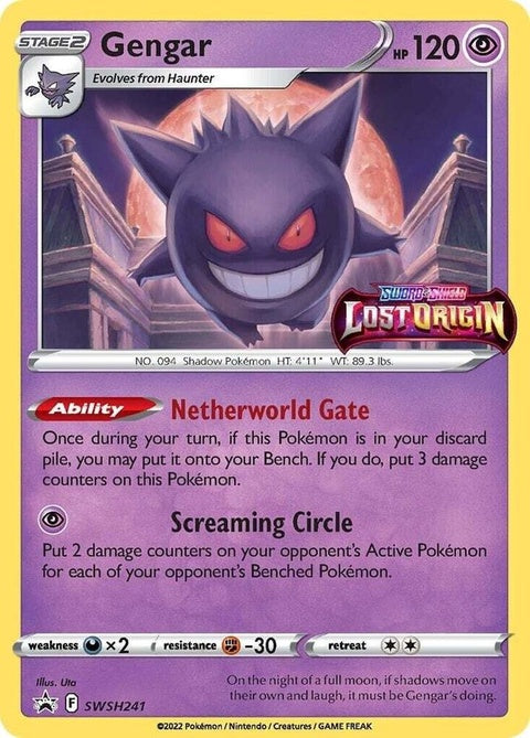 Pokémon Sword & Shield Black Star Promo Gengar SWSH241, pre-release single card featuring Gengar in a dynamic pose.