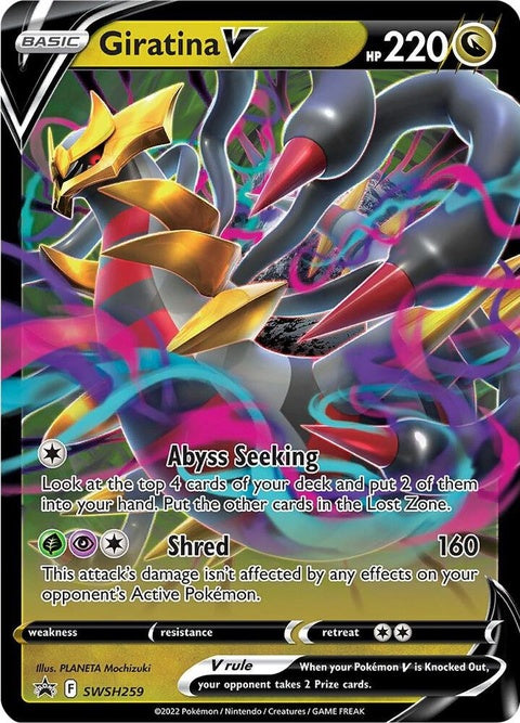Pokémon Sword & Shield Black Star Promo Giratina V trading card from the SWSH259 set, featuring Giratina V artwork.