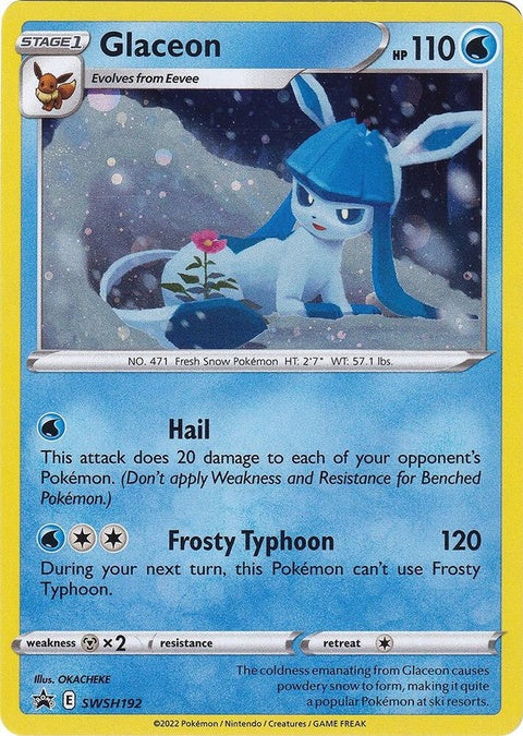 Pokémon Sword & Shield Black Star Promo Glaceon card, showcasing detailed artwork and branding on a white background.