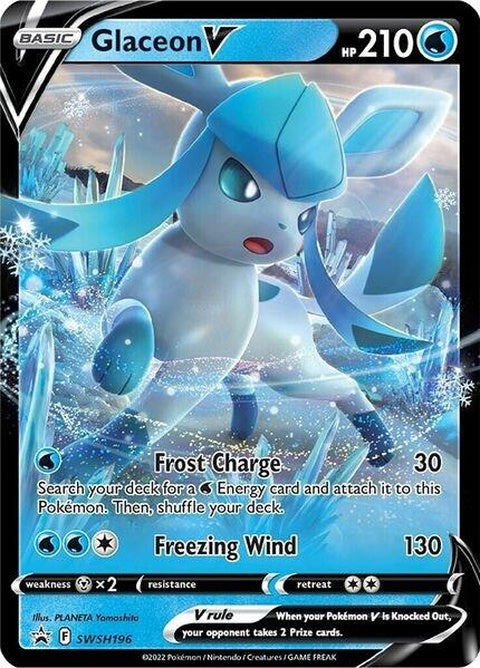 Pokémon Sword & Shield Black Star Promos Glaceon V card, featuring a detailed illustration of Glaceon on a black background.