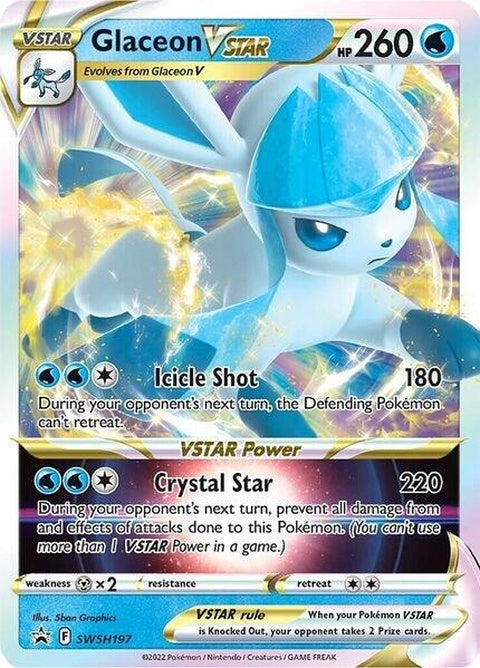 Pokémon Sword & Shield Black Star Promo Glaceon Vstar card, featuring artwork of Glaceon Vstar from the Pokémon trading card game.
