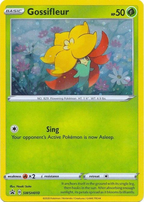Pokémon Sword & Shield Black Star Promo Gossifleur card from SWSH010, featuring detailed illustration of Gossifleur on a white background.