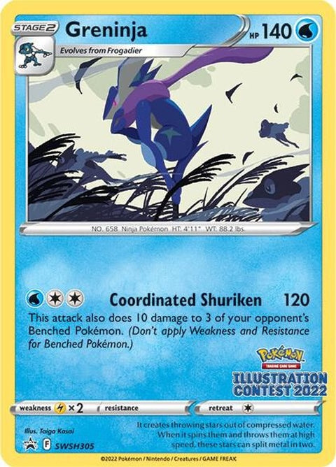 Pokémon Sword & Shield Black Star Promo Greninja card from the SWSH305 Illustration Contest 2022, featuring artwork of the Water-type Pokémon.
