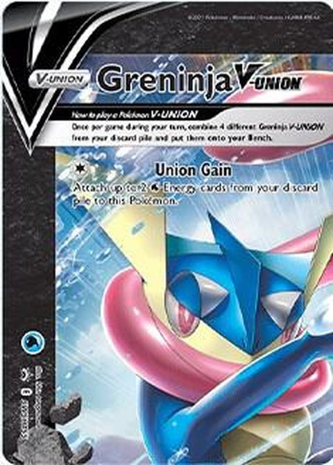 Pokémon Sword & Shield Black Star Promo Greninja V-Union card from SWSH155 set, featuring vibrant artwork of the water-type Pokémon.