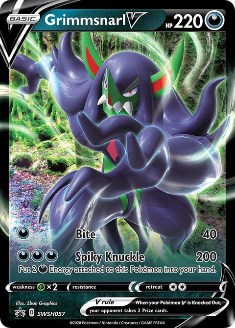 Pokémon Sword & Shield Black Star Promo Grimmsnarl V card from SWSH057 set, featuring a dark fairy Pokémon with intricate artwork.