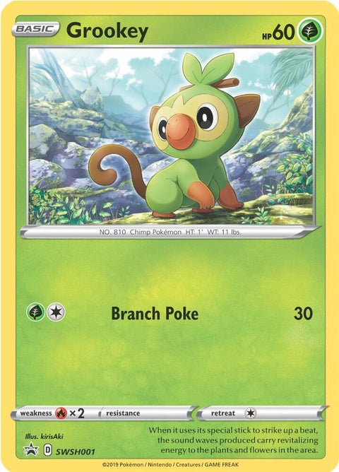 Pokémon Sword & Shield Black Star Promo card featuring Grookey, a single Pokémon card from the SWSH001 series.