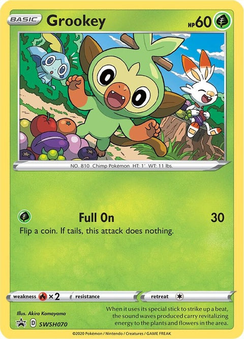 Pokémon Sword & Shield Black Star Promo card featuring Grookey, a single Pokémon card with artwork of the Grass-type starter.