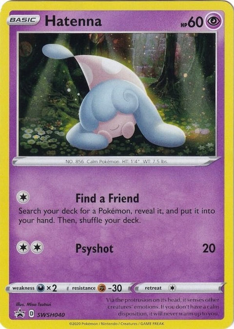 Pokémon Sword & Shield Black Star Promo card featuring Hatenna, a Psychic-type Pokémon from the SWSH040 set.