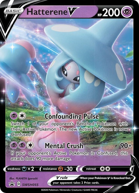 Pokémon Sword & Shield Black Star Promos Hatterene V single card from SWSH055 with artwork and branding.