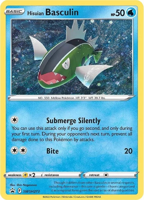Pokémon Sword & Shield Black Star Promo Hisuian Basculin SWSH273, collectible Pokémon card with artwork of Basculin.