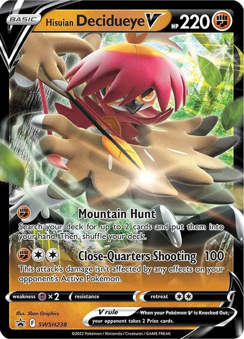 Pokémon Sword & Shield Black Star Promos Hisuian Decidueye V card, featuring detailed artwork and branding on the Pokémon card.