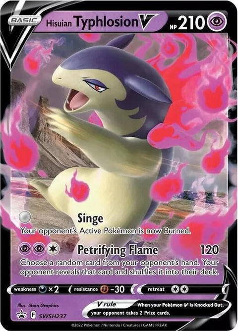 Hisuian Typhlosion V Pokémon Sword & Shield Black Star Promo card from SWSH237, featuring fiery Pokémon artwork.