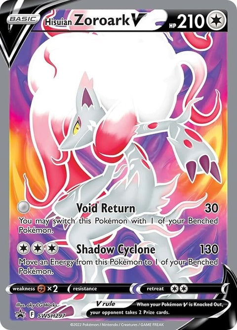 Hisuian Zoroark V Pokémon Sword & Shield Black Star Promo card from the SWSH297 set featuring artwork of Hisuian Zoroark V.