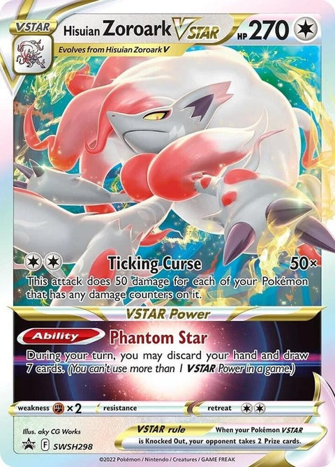 Pokémon Sword & Shield Black Star Promo Hisuian Zoroark Vstar card from the SWSH298 set, featuring detailed artwork of the dark Pokémon.