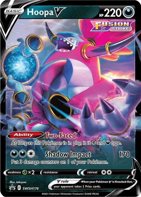 Pokémon Sword & Shield Black Star Promo Hoopa V card from SWSH176 featuring Hoopa V with vibrant artwork.