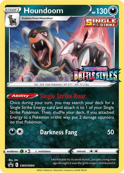Pokémon Sword & Shield Black Star Promo Houndoom card, prerelease edition, featuring Houndoom in a dynamic pose.