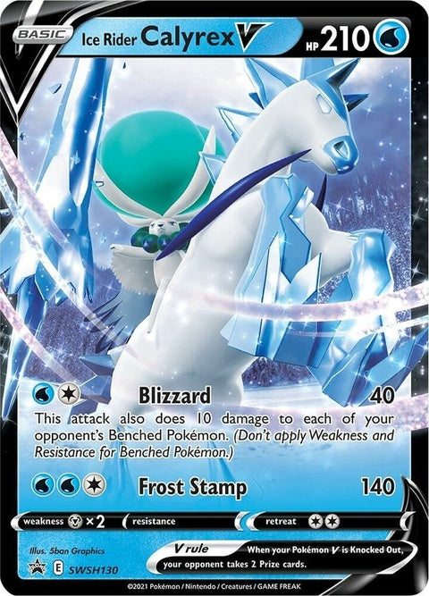 Pokémon Sword & Shield Black Star Promo Ice Rider Calyrex V card, featuring detailed artwork and branding on a collectible Pokémon card.