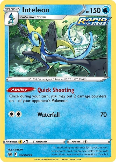 Pokémon Sword & Shield Black Star Promo Inteleon card, featuring the Pokémon in a dynamic pose on a colorful background.