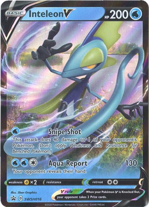 Pokémon Sword & Shield Black Star Promo Inteleon V card from SWSH016, featuring Inteleon V character with vibrant artwork.