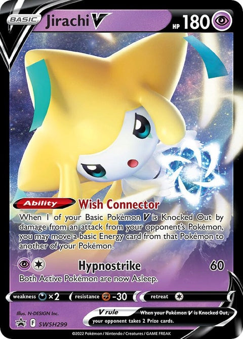 Pokémon Sword & Shield Black Star Promo Jirachi V card from SWSH299 set, featuring a black star design and Jirachi illustration.