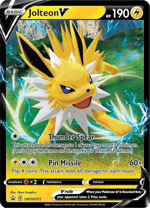 Pokémon Sword & Shield Black Star Promo Jolteon V card from SWSH151 set, featuring Jolteon in a dynamic pose.