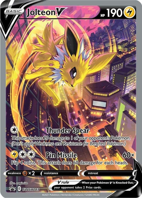 Pokémon Sword & Shield Black Star Promos Jolteon V card, featuring Jolteon with electric design and Pokémon branding.