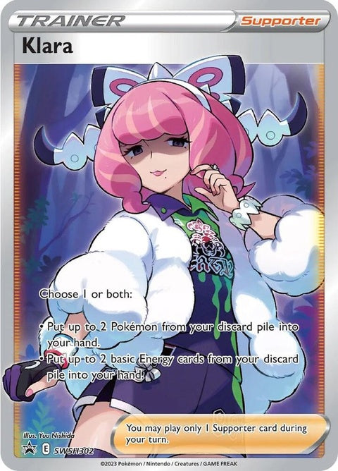 Pokémon Sword & Shield Black Star Promos Klara full art card featuring detailed illustration of Klara in a dynamic pose.