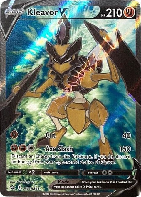 Pokémon Sword & Shield Black Star Promos Kleavor V full art card featuring vibrant artwork and detailed design.