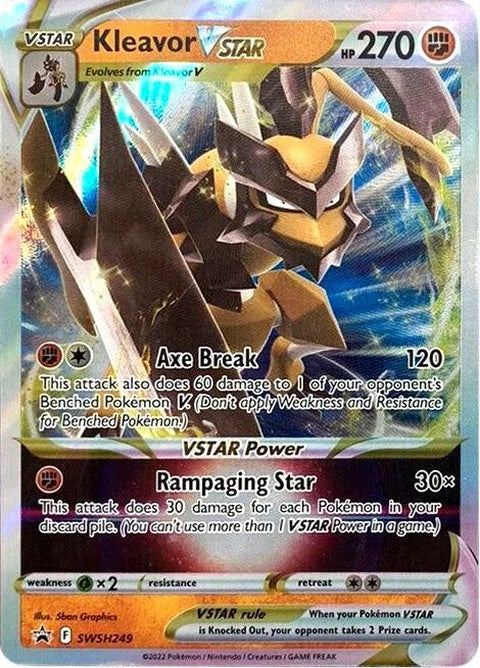 Pokémon Sword & Shield Black Star Promo card featuring Kleavor Vstar from the SWSH249 set, with vibrant artwork and card details.
