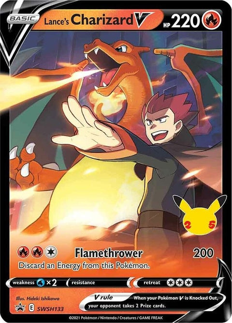 Pokémon Sword & Shield Black Star Promo Lance's Charizard V card with artwork of Charizard in a dynamic pose.