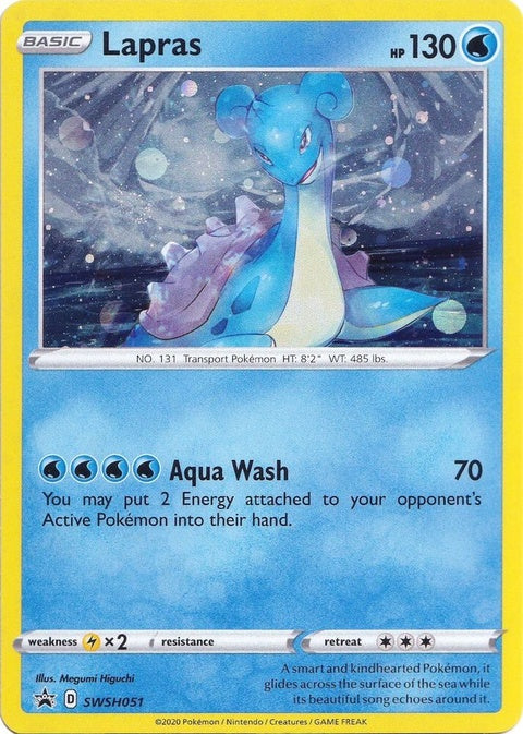 Pokémon Sword & Shield Black Star Promo Lapras card from SWSH051 set, featuring Lapras illustration on glossy Pokémon card.