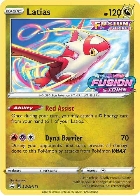 Pokémon Sword & Shield Black Star Promo Latias card from SWSH171 Prerelease set, featuring artwork of Latias in a dynamic pose.