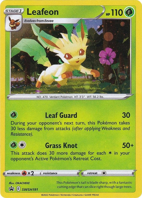 Pokémon Sword & Shield Black Star Promo Leafeon card from SWSH191, featuring Leafeon with detailed artwork on a white background.