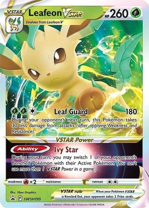 Pokémon Sword & Shield Black Star Promo Leafeon Vstar card, featuring detailed artwork and vibrant colors.