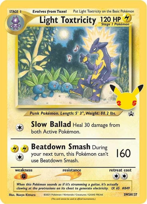 Pokémon Sword & Shield Black Star Promo Light Toxtricity card featuring artwork of Toxtricity in a dynamic pose.