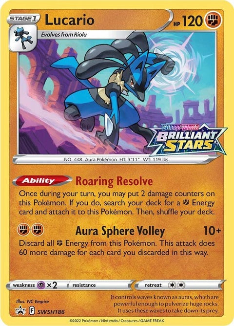 Pokémon Sword & Shield Black Star Promo Lucario card, featuring detailed artwork of the Fighting/Steel type Pokémon.