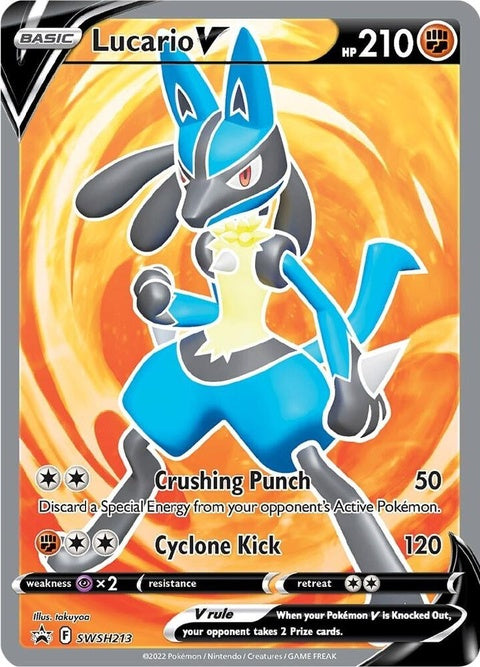 Pokémon Sword & Shield Black Star Promos Lucario V card from the SWSH213 set featuring Lucario in a dynamic pose.