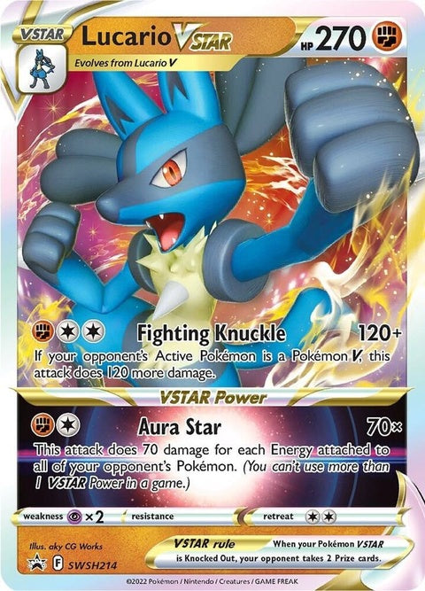Pokémon Sword & Shield Black Star Promo Lucario Vstar card from SWSH214, featuring Lucario in a dynamic pose on a black background.