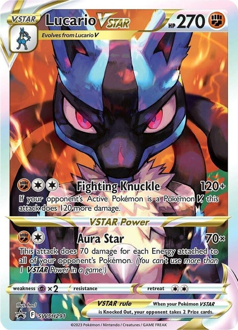 Pokémon Sword & Shield Black Star Promo card featuring Lucario VStar from the SWSH291 set, detailed illustration on a trading card.