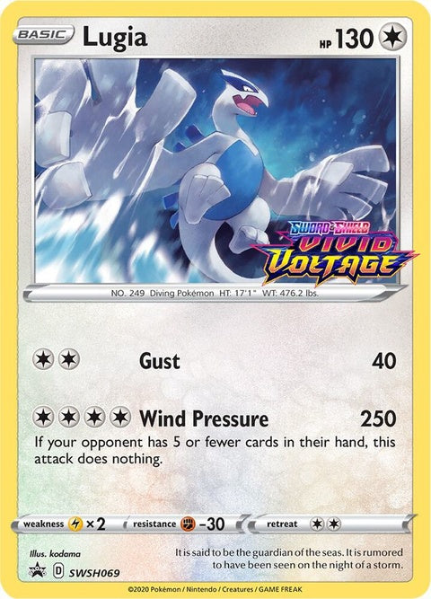 Pokémon Sword & Shield Black Star Promo Lugia card, SWSH069 prerelease, featuring a detailed illustration of the Legendary Pokémon.