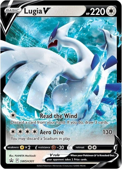 Pokémon Sword & Shield Black Star Promo Lugia V card from SWSH301 with artwork of Lugia V in a protective sleeve.