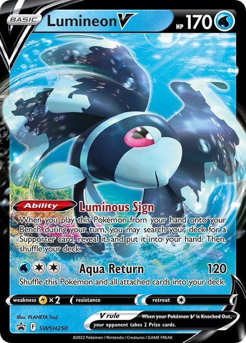 Pokémon Sword & Shield Black Star Promo Lumineon V trading card, featuring artwork of Lumineon V from the SWSH250 set.