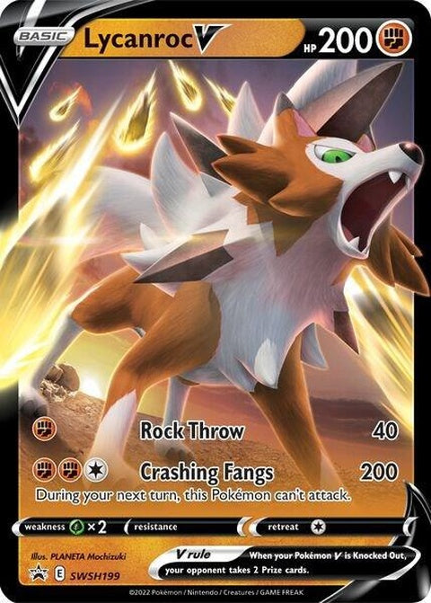 Pokémon Sword & Shield Black Star Promo Lycanroc V card, featuring a dynamic illustration of the rock-type Pokémon.