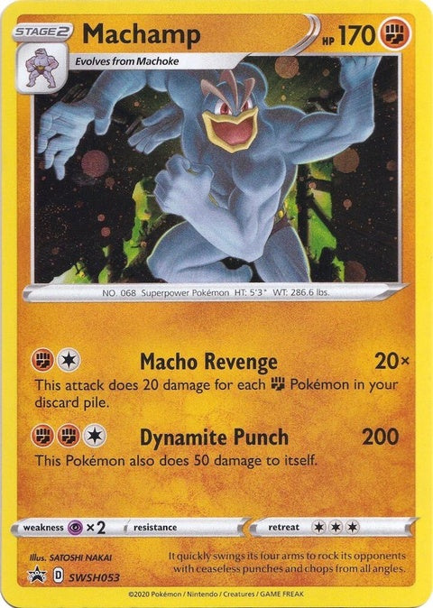 Pokémon Sword & Shield Black Star Promo Machamp card from SWSH053 set, featuring Machamp illustration on a black background.