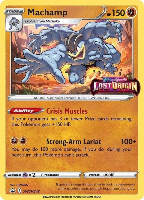 Pokémon Sword & Shield Black Star Promos Machamp prerelease card, black-bordered Pokémon trading card featuring Machamp.